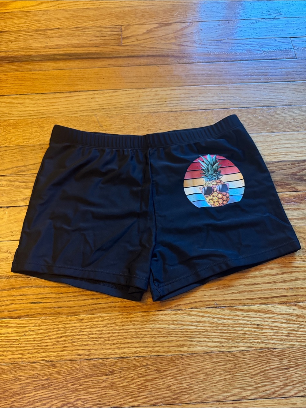 Boyshort Swim Bottoms with Multicolor Pineapple Graphic Black Medium